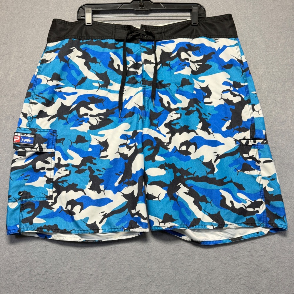 Pelagic Mens Blue Fish Camo Board Shorts Fishing Swim Trunks Size 40x9 Style 222